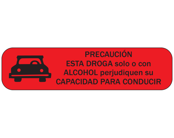 A-101-ES Red 3/8" x 1-1/2" Pharmacy Auxiliary Labels for Prescription Containers - Spanish Version - With Imprint: (Spanish) CAUTION / THIS DRUG ALONE OR WITH / ALCOHOL MAY IMPAIR YOUR / ABILITY TO DRIVE