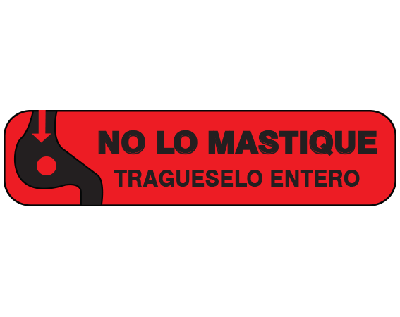 A-105-ES1 Red 3/8" x 1-1/2" Pharmacy Auxiliary Labels for Prescription Containers - Spanish Version - With Imprint: NO LO MASTIQUE / TRAGUESELO ENTERO