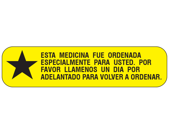A-106-ES Yellow 3/8" x 1-1/2" Pharmacy Auxiliary Labels for Prescription Containers - Spanish Version - With Imprint: (Spanish) THIS ITEM WAS SPECIALLY / ORDERED FOR YOU. PLEASE / CONTACT US A DAY AHEAD / TO REORDER.
