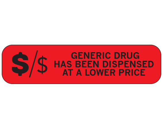 A-119 Red 3/8" x 1-1/2" Pharmacy Auxiliary Labels for Prescription Containers - English Version - With Imprint: A GENERIC DRUG HAS BEEN DISPENSED AT A LOWER PRICE