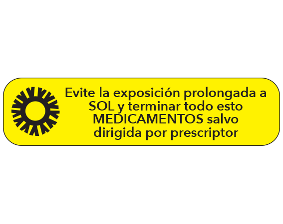 A-125-ES1 Yellow 3/8" x 1-1/2" Pharmacy Auxiliary Labels for Prescription Containers - Spanish Version - With Imprint: (Spanish) AVOID PROLONGED EXPOSURE TO / SUNLIGHT AND FINISH ALL THIS / MEDICATION UNLESS OTHERWISE / DIRECTED BY PRESCRIBER