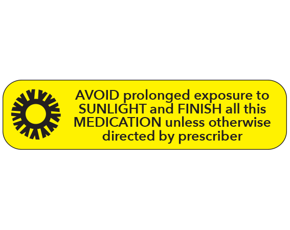 A-1251 Yellow 3/8" x 1-1/2" Pharmacy Auxiliary Labels for Prescription Containers - English Version - With Imprint: AVOID PROLONGED EXPOSURE TO / SUNLIGHT AND FINISH ALL THIS / MEDICATION UNLESS OTHERWISE / DIRECTED BY PRESCRIBER