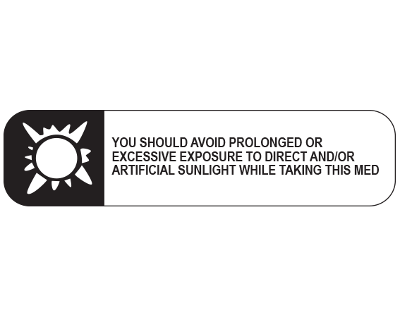 A-1271 White 3/8" x 1-1/2" Pharmacy Auxiliary Labels for Prescription Containers - English Version - With Imprint: YOU SHOULD AVOID PROLONGED OR EXCESSIVE EXPOSURE TO DIRECT AND/OR ARTIFICIAL SUNLIGHT WHILE TAKING THIS MED