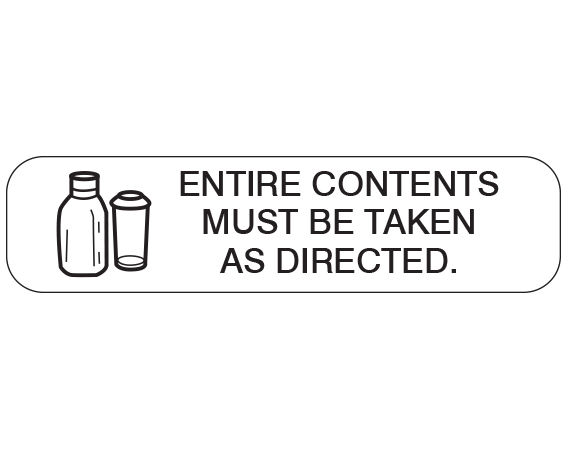 A-128 White 3/8" x 1-1/2" Pharmacy Auxiliary Labels for Prescription Containers - English Version - With Imprint: ENTIRE CONTENTS / MUST BE TAKEN / AS DIRECTED.