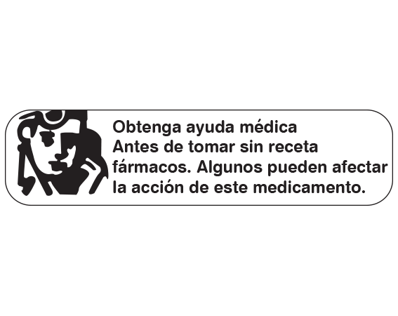 A-132-ES White 3/8" x 1-1/2" Pharmacy Auxiliary Labels for Prescription Containers - Spanish Version - With Imprint: (Spanish) OBTAIN MEDICAL ADVICE / BEFORE TAKING NONPRESCRIPTION / DRUGS. SOME MAY AFFECT THE / ACTION OF THIS MEDICATION.