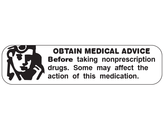 A-1321 White 3/8" x 1-1/2" Pharmacy Auxiliary Labels for Prescription Containers - English Version - With Imprint: OBTAIN MEDICAL ADVICE / BEFORE TAKING NONPRESCRIPTION / DRUGS. SOME MAY AFFECT THE / ACTION OF THIS MEDICATION.