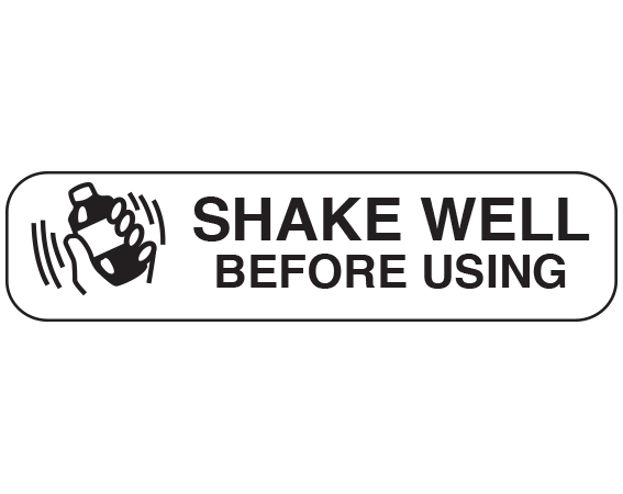A-134D White 3/8" x 1-1/2" Pharmacy Auxiliary Labels for Prescription Containers - English Version - With Imprint: SHAKE WELL BEFORE USING