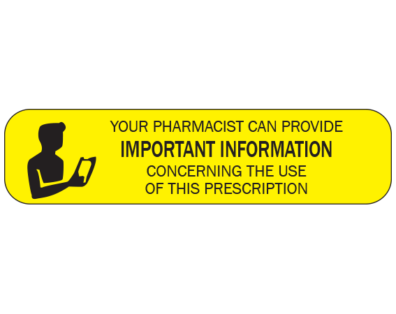 A-1401 Yellow 3/8" x 1-1/2" Pharmacy Auxiliary Labels for Prescription Containers - English Version - With Imprint: YOUR PHARMACIST CAN PROVIDE / IMPORTANT INFORMATION / CONCERNING THE USE / OF THIS PRESCRIPTION.