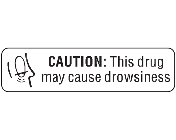 A-1411 White 3/8" x 1-1/2" Pharmacy Auxiliary Labels for Prescription Containers - English Version - With Imprint: CAUTION: THIS DRUG / MAY CAUSE DROWSINESS.