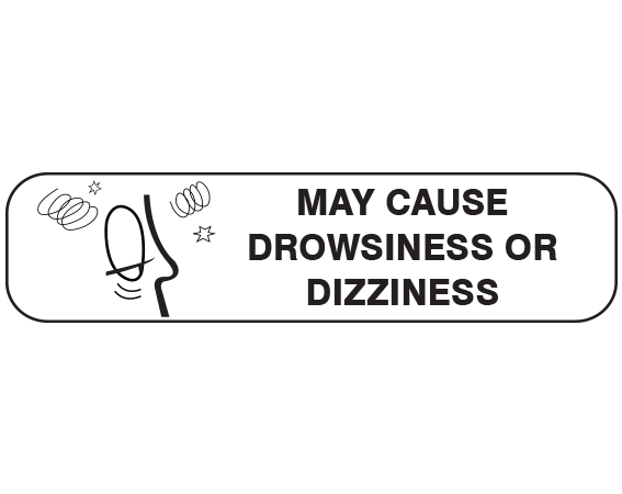 A-1421 White 3/8" x 1-1/2" Pharmacy Auxiliary Labels for Prescription Containers - English Version - With Imprint: MAY CAUSE / DROWSINESS OR / DIZZINESS