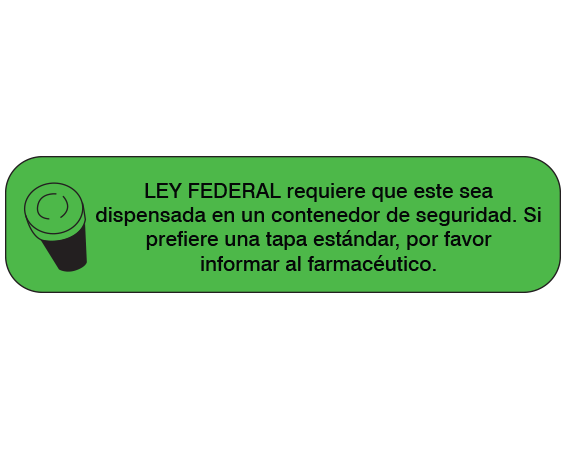 A-148-ES1 Green 3/8" x 1-1/2" Pharmacy Auxiliary Labels for Prescription Containers - Spanish Version - With Imprint: (Spanish) FEDERAL LAW REQURES THIS RX BE / DISPENSED IN A SAFETY CONTAINER. IF / YOU PREFER A STANDARD CAP