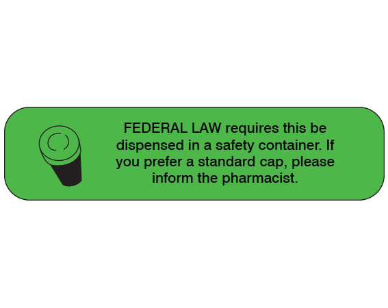 A-1484 Green 3/8" x 1-1/2" Pharmacy Auxiliary Labels for Prescription Containers - English Version - With Imprint: FEDERAL LAW REQURES THIS RX BE / DISPENSED IN A SAFETY CONTAINER. IF / YOU PREFER A STANDARD CAP