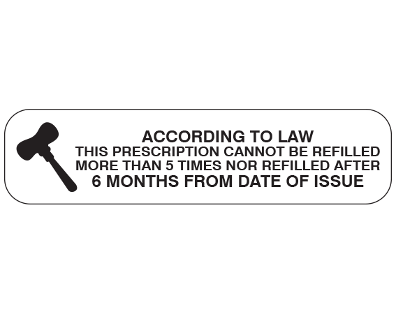 A-1531 White 3/8" x 1-1/2" Pharmacy Auxiliary Labels for Prescription Containers - English Version - With Imprint: ACCORDING TO LAW / THIS PRESCRIPTION CANNOT BE REFILLED / MORE THAN 5 TIMES NOR REFILLED AFTER / 6 MONTHS FROM DATE OF ISSUE