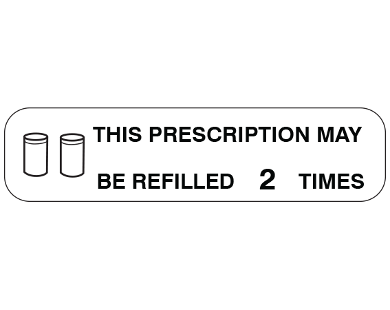 A-1551 White 3/8" x 1-1/2" Pharmacy Auxiliary Labels for Prescription Containers - English Version - With Imprint: THIS PRESCRIPTION MAY / BE REFILLED 2 TIMES