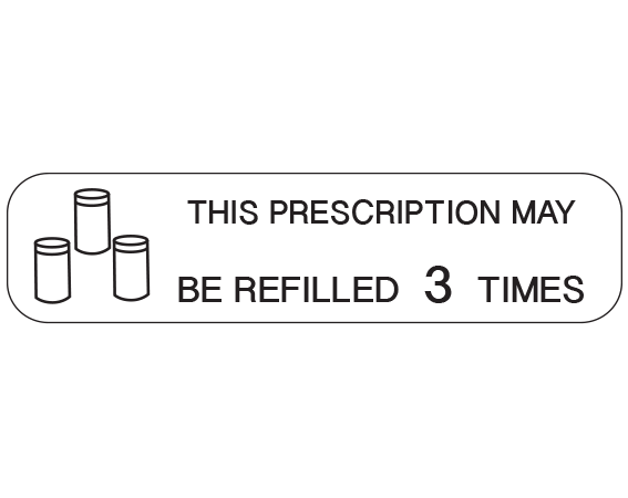 A-1561 White 3/8" x 1-1/2" Pharmacy Auxiliary Labels for Prescription Containers - English Version - With Imprint: THIS PRESCRIPTION MAY / BE REFILLED 3 TIMES