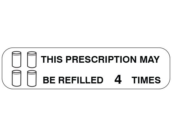 A-1571 White 3/8" x 1-1/2" Pharmacy Auxiliary Labels for Prescription Containers - English Version - With Imprint: THIS PRESCRIPTION MAY / BE REFILLED 4 TIMES