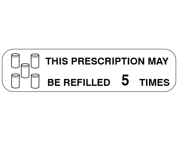 A-158 White 3/8" x 1-1/2" Pharmacy Auxiliary Labels for Prescription Containers - English Version - With Imprint: THIS PRESCRIPTION MAY / BE REFILLED 5 TIMES