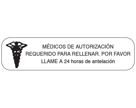 A-160-ES1 White 3/8" x 1-1/2" Pharmacy Auxiliary Labels for Prescription Containers - Spanish Version - With Imprint: (Spanish) PHYSICIANS AUTHORIZATION / REQUIRED FOR REFILL. PLEASE / CALL 24 HOURS IN ADVANCE