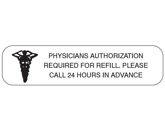 A-1601 White 3/8" x 1-1/2" Pharmacy Auxiliary Labels for Prescription Containers - English Version - With Imprint: PHYSICIANS AUTHORIZATION / REQUIRED FOR REFILL. PLEASE / CALL 24 HOURS IN ADVANCE