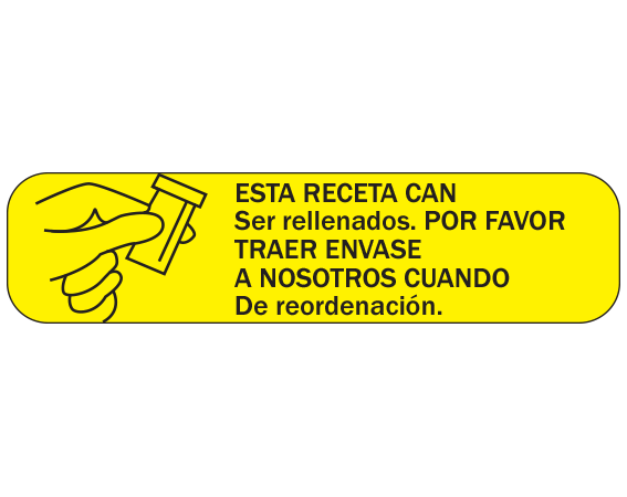 A-162-ES Yellow 3/8" x 1-1/2" Pharmacy Auxiliary Labels for Prescription Containers - Spanish Version - With Imprint: (Spanish) THIS PRESCRIPTION CAN / BE REFILLED. PLEASE BRING / CONTAINER TO US WHEN / REORDERING.