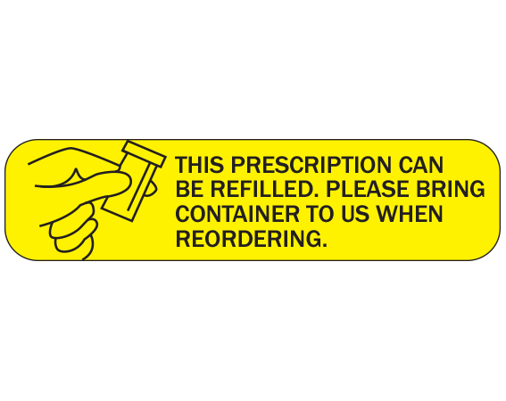 A-162 Yellow 3/8" x 1-1/2" Pharmacy Auxiliary Labels for Prescription Containers - English Version - With Imprint: THIS PRESCRIPTION CAN / BE REFILLED. PLEASE BRING / CONTAINER TO US WHEN / REORDERING.