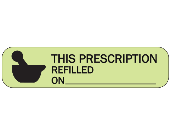A-1631 Green 3/8" x 1-1/2" Pharmacy Auxiliary Labels for Prescription Containers - English Version - With Imprint: THIS PRESCRIPTION / REFILLED / ON __________