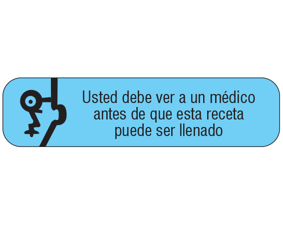 A-164-ES1 Blue 3/8" x 1-1/2" Pharmacy Auxiliary Labels for Prescription Containers - Spanish Version - With Imprint: (Spanish) YOU MUST SEE A PHYSICIAN / BEFORE THIS PRESCRIPTION / CAN BE FILLED