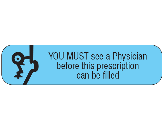 A-164 Blue 3/8" x 1-1/2" Pharmacy Auxiliary Labels for Prescription Containers - English Version - With Imprint: YOU MUST SEE A PHYSICIAN / BEFORE THIS PRESCRIPTION / CAN BE FILLED