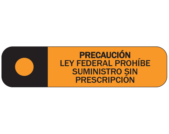 A-165-ES1 Orange 3/8" x 1-1/2" Pharmacy Auxiliary Labels for Prescription Containers - Spanish Version - With Imprint: (Spanish) CAUTION / FEDERAL LAW PROHIBITS / DISPENSING WITHOUT / PRESCRIPTION