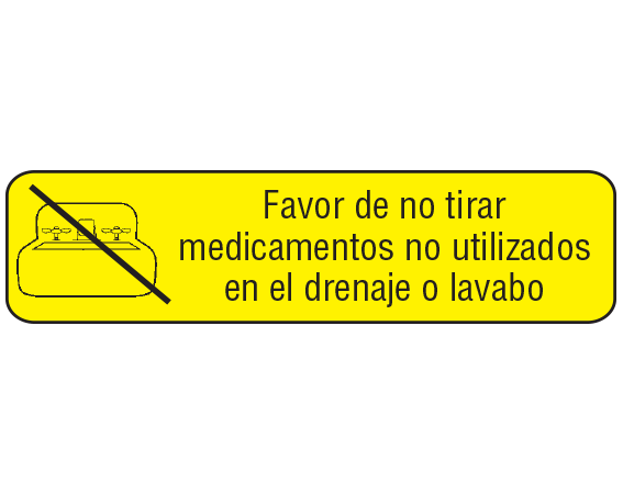 A-201-ES3 Yellow 3/8" x 1-1/2" Pharmacy Auxiliary Labels for Prescription Containers - Spanish Version - With Imprint: (Spanish) Do not flush unused / medications or pour down / a sink or drain.