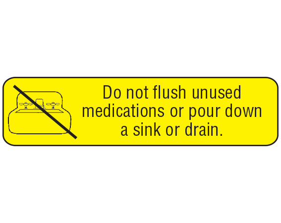 A-2011 Yellow 3/8" x 1-1/2" Pharmacy Auxiliary Labels for Prescription Containers - English Version - With Imprint: Do not flush unused / medications or pour down / a sink or drain.