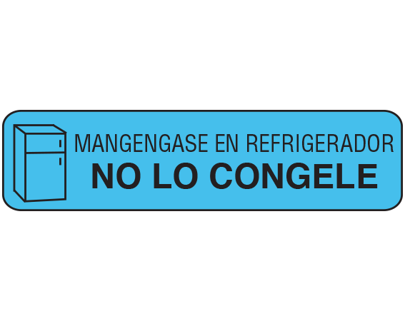 A-31-ES Blue 3/8" x 1-1/2" Pharmacy Auxiliary Labels for Prescription Containers - Spanish Version - With Imprint: (Spanish) KEEP IN REFRIGERATOR / DO NOT FREEZE
