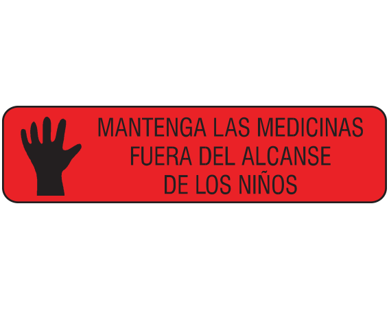 A-38-ES Red 3/8" x 1-1/2" Pharmacy Auxiliary Labels for Prescription Containers - Spanish Version - With Imprint: (Spanish) KEEP OUT OF REACH / OF CHILDREN