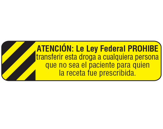 A-45-ES1 Yellow 3/8" x 1-1/2" Pharmacy Auxiliary Labels for Prescription Containers - Spanish Version - With Imprint: (Spanish) CAUTION: FEDERAL LAW PROHIBITS / THE TRANSFER OF THIS DRUG TO ANY PERSON / OTHER THAN THE PATIENT FOR WHOM / IT WAS PRESCRIBED