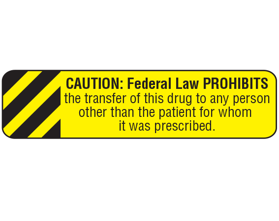 A-45 Yellow 3/8" x 1-1/2" Pharmacy Auxiliary Labels for Prescription Containers - English Version - With Imprint: CAUTION: FEDERAL LAW PROHIBITS / THE TRANSFER OF THIS DRUG TO ANY PERSON / OTHER THAN THE PATIENT FOR WHOM / IT WAS PRESCRIBED