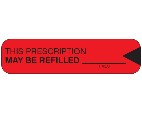 A-46 Red 3/8" x 1-1/2" Pharmacy Auxiliary Labels for Prescription Containers - English Version - With Imprint: THIS PRESCRIPTION / MAY BE REFILLED