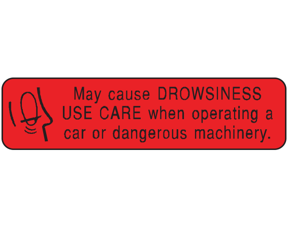 A-481 Red 3/8" x 1-1/2" Pharmacy Auxiliary Labels for Prescription Containers - English Version - With Imprint: MAY CAUSE DROWSINESS / USE CARE WHEN OPERATING A / CAR OR DANGEROUS MACHINERY