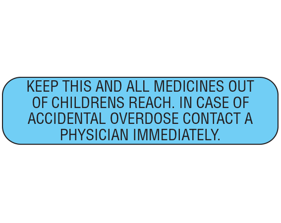 A-54 Blue 3/8" x 1-1/2" Pharmacy Auxiliary Labels for Prescription Containers - English Version - With Imprint: KEEP THIS AND ALL MEDICINES OUT / OF CHILDRENS REACH. IN CASE OF / ACCIDENTAL OVERDOSE CONTACT A / PHYSICIAN IMMEDIATELY.