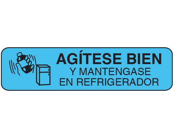 A-60-ES1 Blue 3/8" x 1-1/2" Pharmacy Auxiliary Labels for Prescription Containers - Spanish Version - With Imprint: (Spanish) SHAKE WELL / AND KEEP IN / REFRIGERATOR