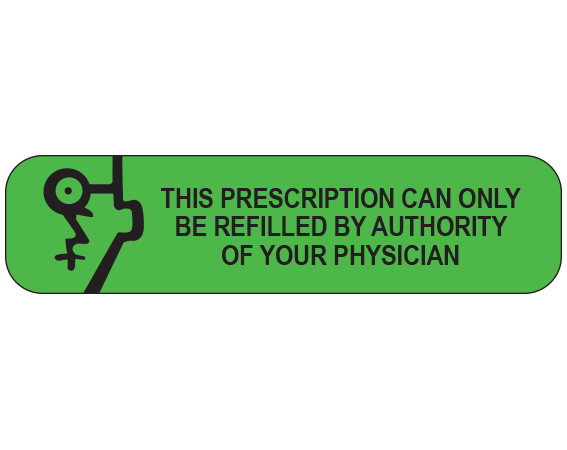 A-611 Green 3/8" x 1-1/2" Pharmacy Auxiliary Labels for Prescription Containers - English Version - With Imprint: THIS PRESCRIPTION CAN ONLY / BE REFILLED BY AUTHORITY / OF YOUR PHYSICIAN