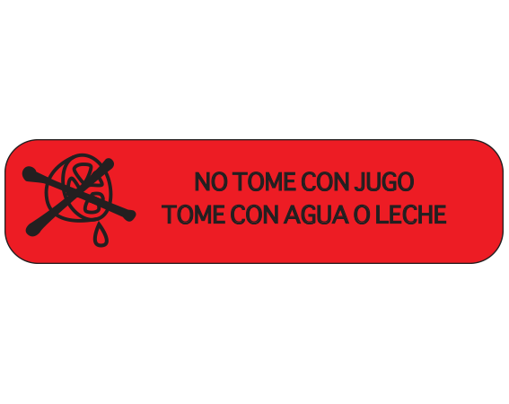 A-62-ES Red 3/8" x 1-1/2" Pharmacy Auxiliary Labels for Prescription Containers - Spanish Version - With Imprint: (Spanish) DO NOT TAKE WITH JUICE / TAKE WITH WATER OR MILK