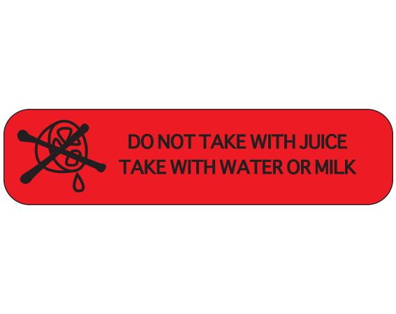 A-621 Red 3/8" x 1-1/2" Pharmacy Auxiliary Labels for Prescription Containers - English Version - With Imprint: DO NOT TAKE WITH JUICE / TAKE WITH WATER OR MILK