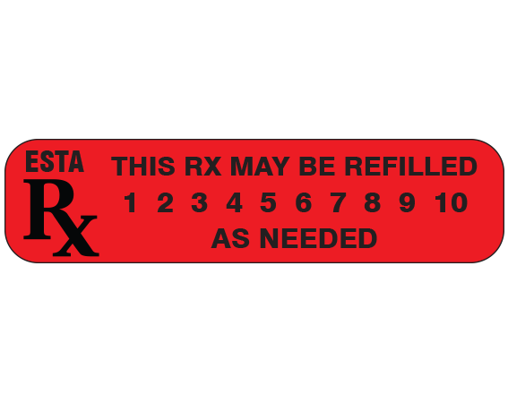 Red 3/8" x 1-1/2" Pharmacy Auxiliary Labels for Prescription Containers - English Version  - With Imprint: THIS RX MAY BE REFILLED / 1 2 3 4 5 6 7 8 9 10 / AS NEEDED