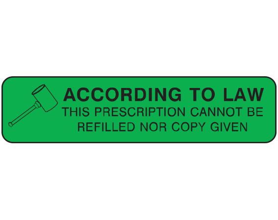 A-661 Green 3/8" x 1-1/2" Pharmacy Auxiliary Labels for Prescription Containers - English Version - With Imprint: ACCORDING TO LAW / THIS PRESCRIPTION CANNOT BE / REFILLED NOR COPY GIVEN
