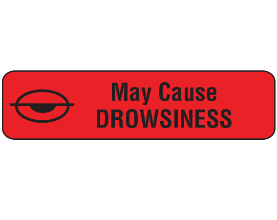 A-681 Red 3/8" x 1-1/2" Pharmacy Auxiliary Labels for Prescription Containers - English Version - With Imprint: MAY CAUSE / DROWSINESS