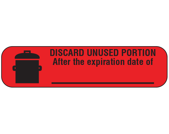 A-69D Red 3/8" x 1-1/2" Pharmacy Auxiliary Labels for Prescription Containers - English Version - With Imprint: DISCARD UNUSED PORTION / AFTER THE EXPIRATION DATE OF / __________