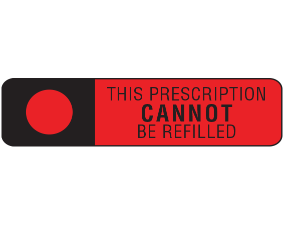 Red 3/8" x 1-1/2" Pharmacy Auxiliary Labels for Prescription Containers - English Version  - With Imprint: THIS PRESCRIPTION / CANNOT BE REFILLED
