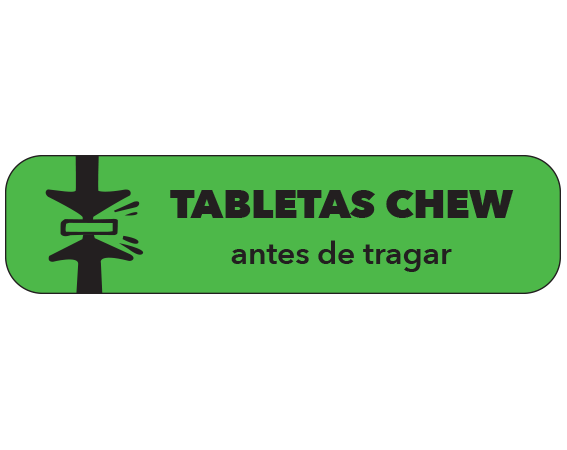 A-75-ES Green 3/8" x 1-1/2" Pharmacy Auxiliary Labels for Prescription Containers - Spanish Version - With Imprint: (Spanish) CHEW TABLETS / BEFORE SWALLOWING