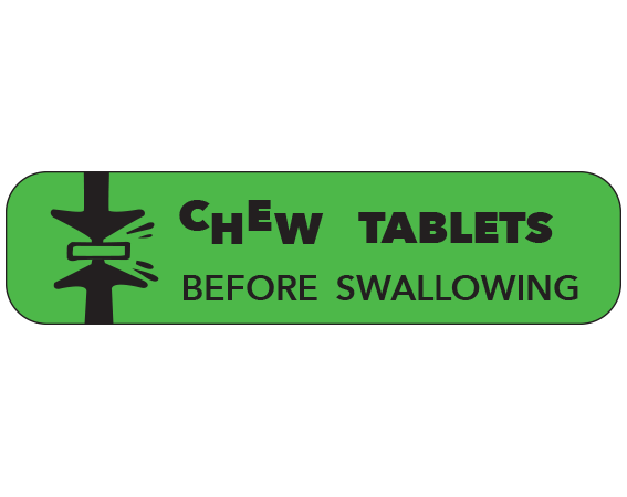 A-75 Green 3/8" x 1-1/2" Pharmacy Auxiliary Labels for Prescription Containers - English Version - With Imprint: CHEW TABLETS / BEFORE SWALLOWING