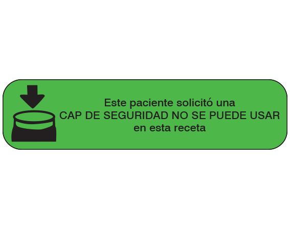 A-76-ES Green 3/8" x 1-1/2" Pharmacy Auxiliary Labels for Prescription Containers - Spanish Version - With Imprint: (Spanish) THIS PATIENT REQUESTED THAT A / SAFETY CAP NOT BE USED / ON THIS PRESCRIPTION.
